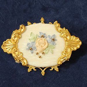 Hand  embroidered silk ribbon and seed bead brooch